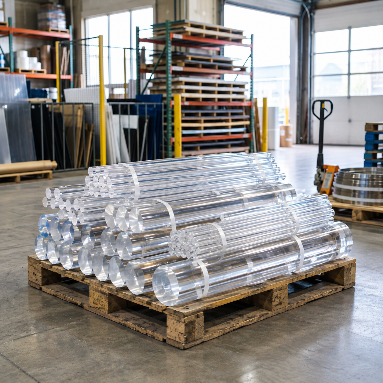 Clear Acrylic Rods On Warehouse Pallet Clear Acrylic Rods on Warehouse Pallet